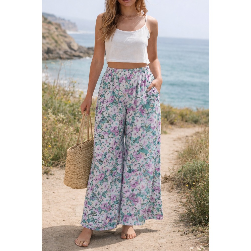 Floral Wide Leg Pants Women M Boho Cottagecore Flowy Lounge Resort Spring Summer